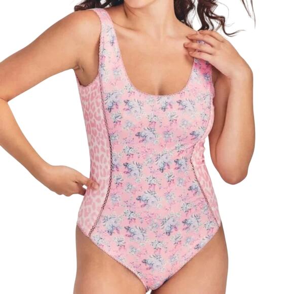 LoveShackFancy NEW Mikkel Floral One Piece Swimsuit in Pink White Blue Medium - Picture 1 of 12